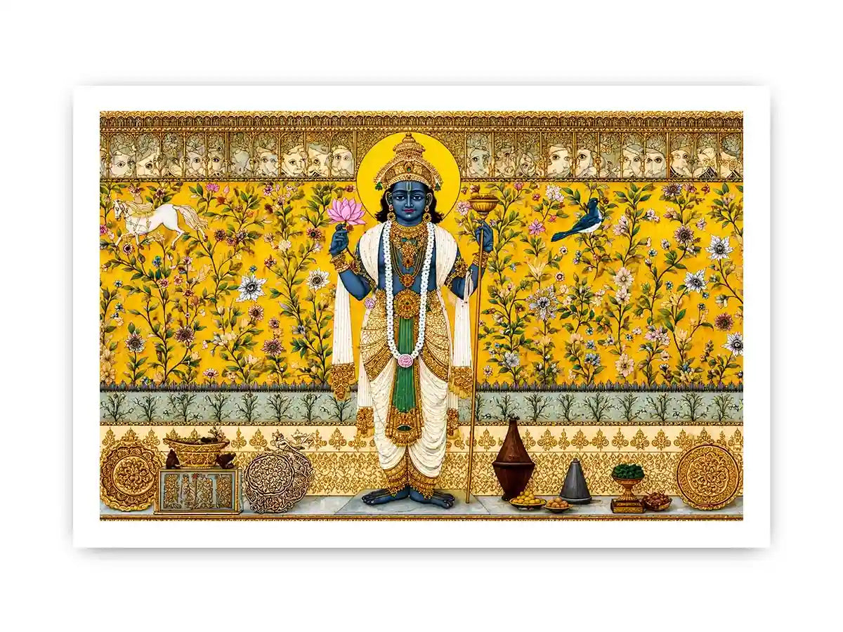 Traditional Hindu deity wall art with lotus and floral gold detailing for spiritual home temple and luxury interiors