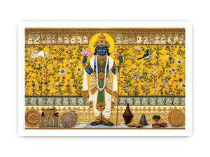 Traditional Hindu deity wall art with lotus and floral gold detailing for spiritual home temple and luxury interiors