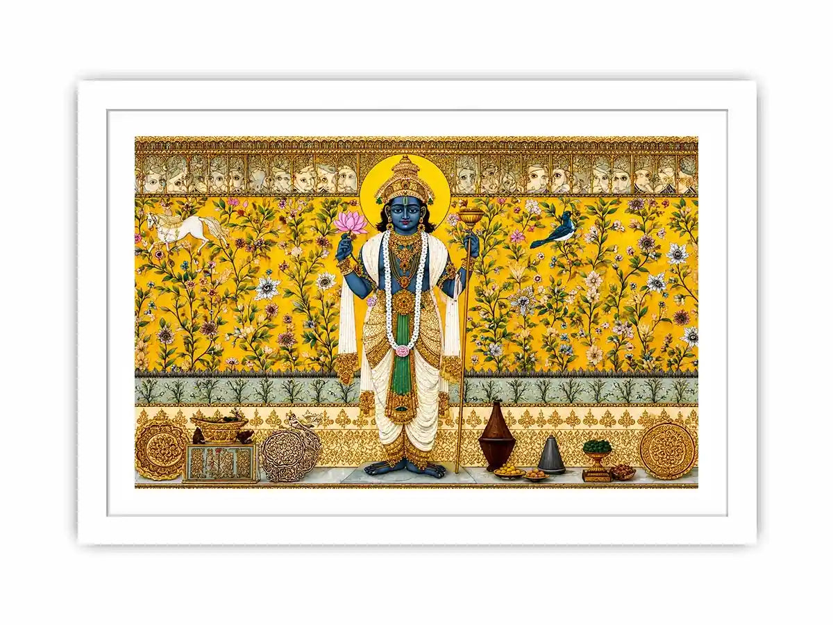Traditional Hindu deity wall art with lotus and floral gold detailing for spiritual home temple and luxury interiors