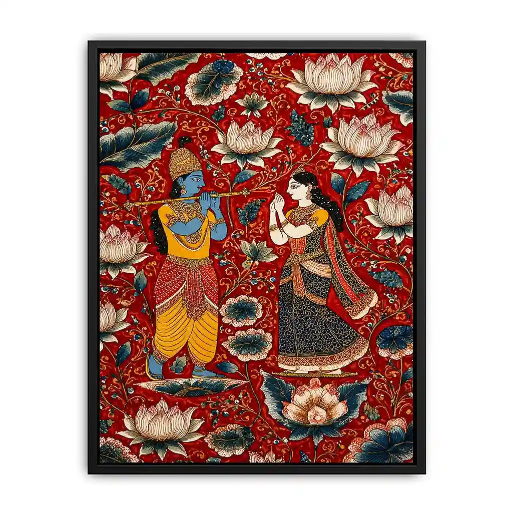 Krishna Radha wall art with floral lotus background in rich red and gold tones for spiritual and luxury home decor