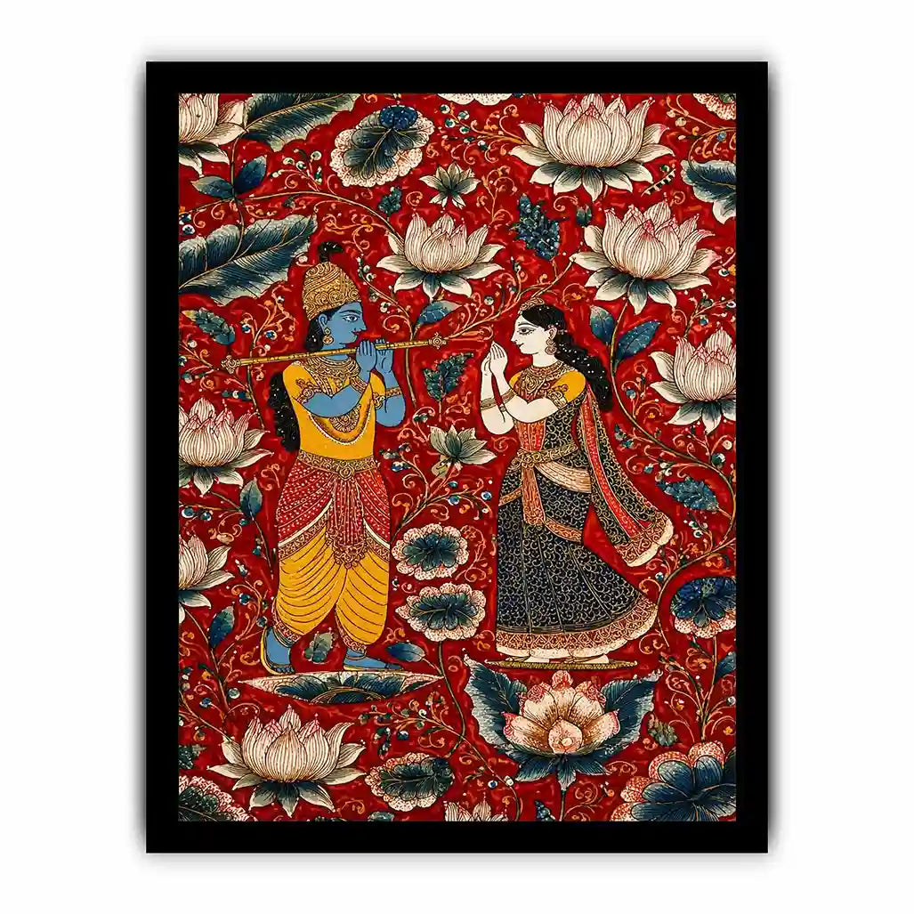 Krishna Radha wall art with floral lotus background in rich red and gold tones for spiritual and luxury home decor