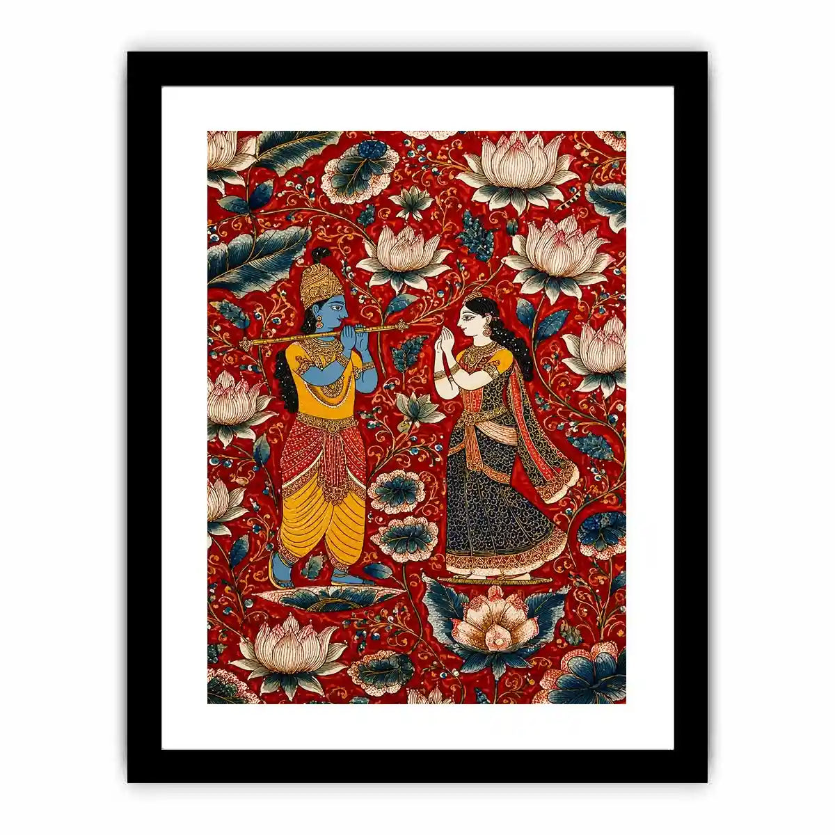 Krishna Radha wall art with floral lotus background in rich red and gold tones for spiritual and luxury home decor