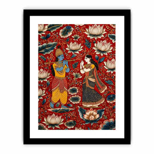Krishna Radha wall art with floral lotus background in rich red and gold tones for spiritual and luxury home decor