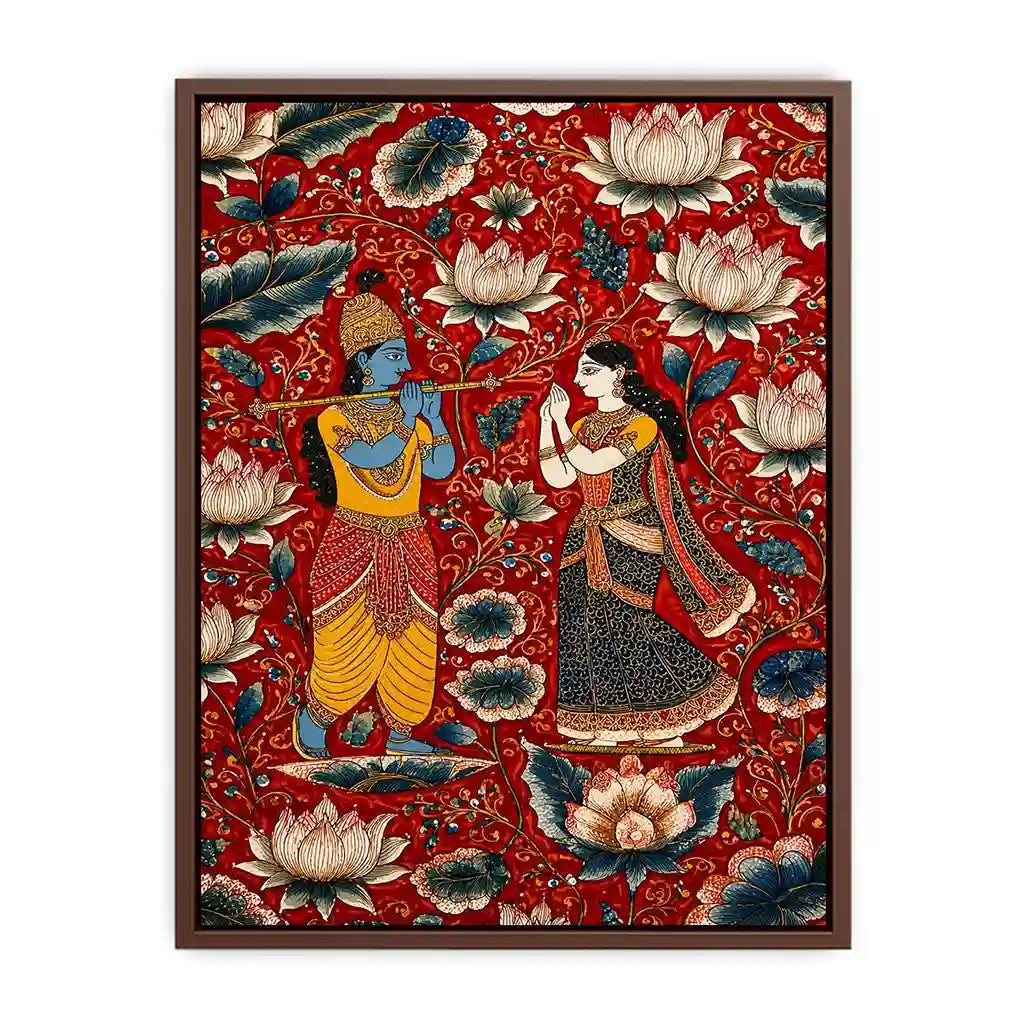 Krishna Radha wall art with floral lotus background in rich red and gold tones for spiritual and luxury home decor
