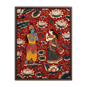 Krishna Radha wall art with floral lotus background in rich red and gold tones for spiritual and luxury home decor