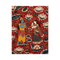 Krishna Radha wall art with floral lotus background in rich red and gold tones for spiritual and luxury home decor