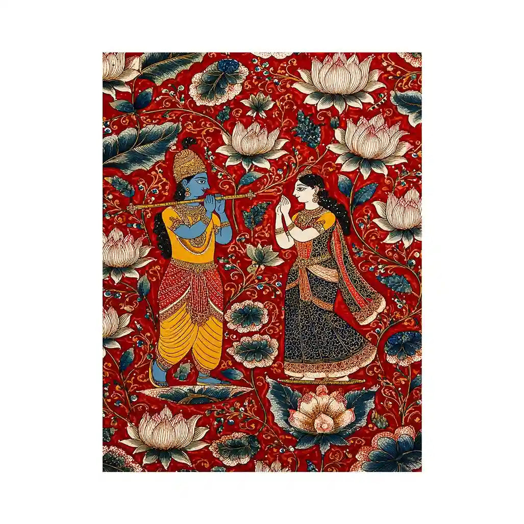 Krishna Radha wall art with floral lotus background in rich red and gold tones for spiritual and luxury home decor