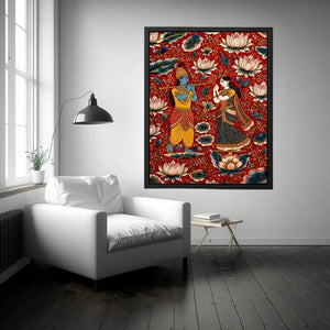 Krishna Radha wall art with floral lotus background in rich red and gold tones for spiritual and luxury home decor