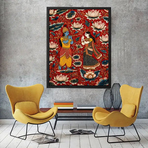 Krishna Radha wall art with floral lotus background in rich red and gold tones for spiritual and luxury home decor