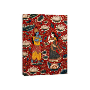 Krishna Radha wall art with floral lotus background in rich red and gold tones for spiritual and luxury home decor