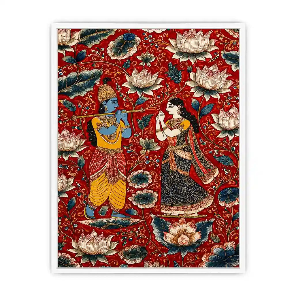 Krishna Radha wall art with floral lotus background in rich red and gold tones for spiritual and luxury home decor