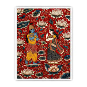 Krishna Radha wall art with floral lotus background in rich red and gold tones for spiritual and luxury home decor