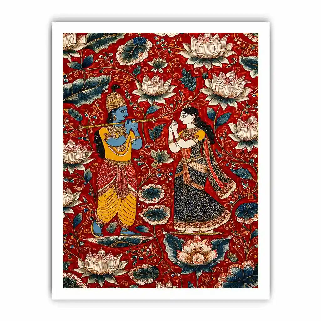 Krishna Radha wall art with floral lotus background in rich red and gold tones for spiritual and luxury home decor