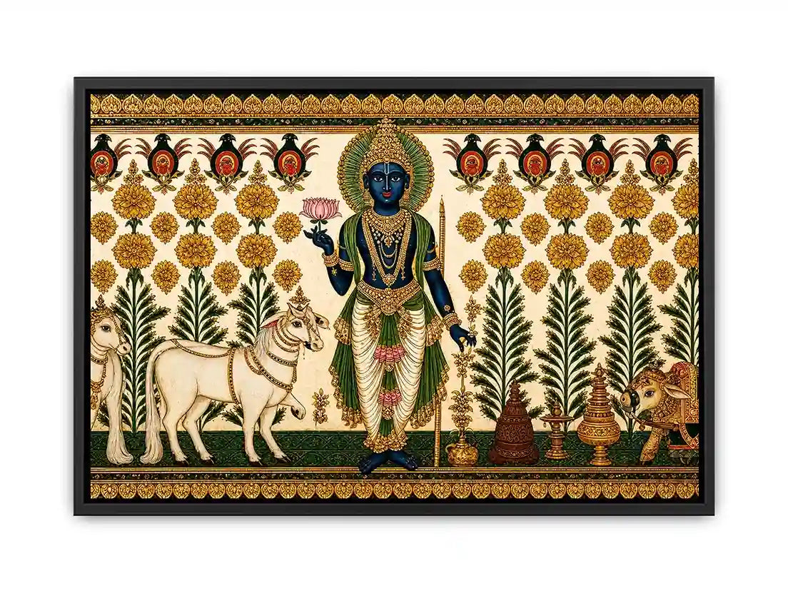 Traditional Krishna cow wall art with floral gold detailing in green and white tones for spiritual home decor and luxury interiors
