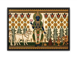 Traditional Krishna cow wall art with floral gold detailing in green and white tones for spiritual home decor and luxury interiors