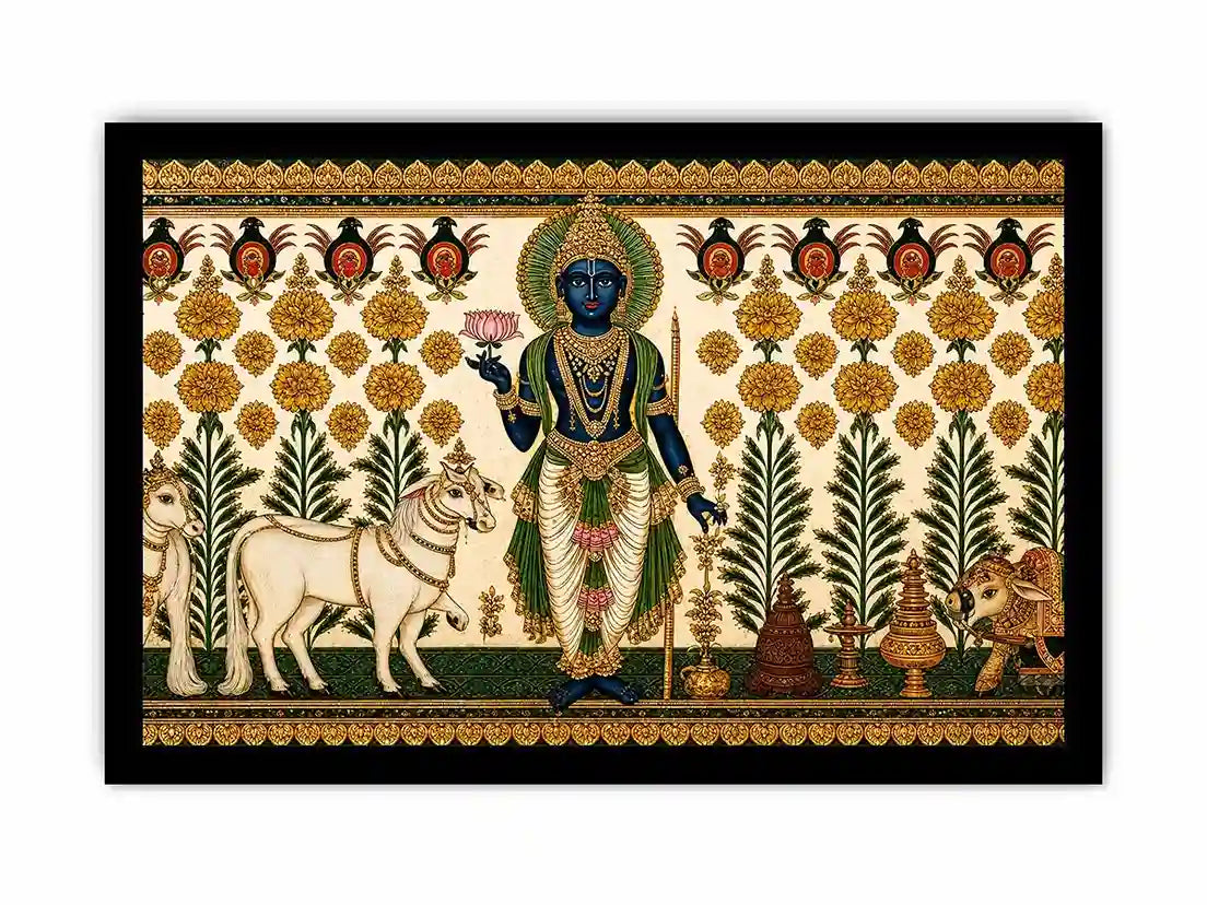 Traditional Krishna cow wall art with floral gold detailing in green and white tones for spiritual home decor and luxury interiors