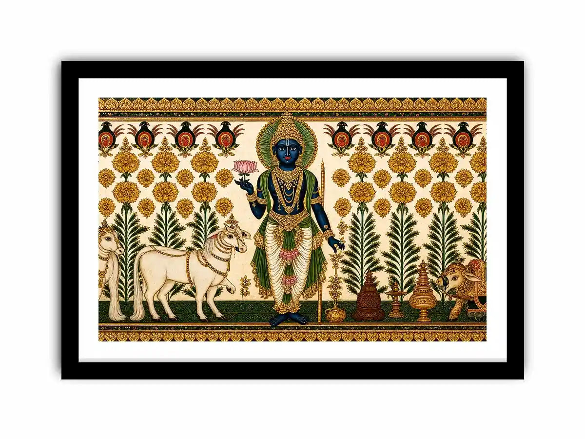 Traditional Krishna cow wall art with floral gold detailing in green and white tones for spiritual home decor and luxury interiors