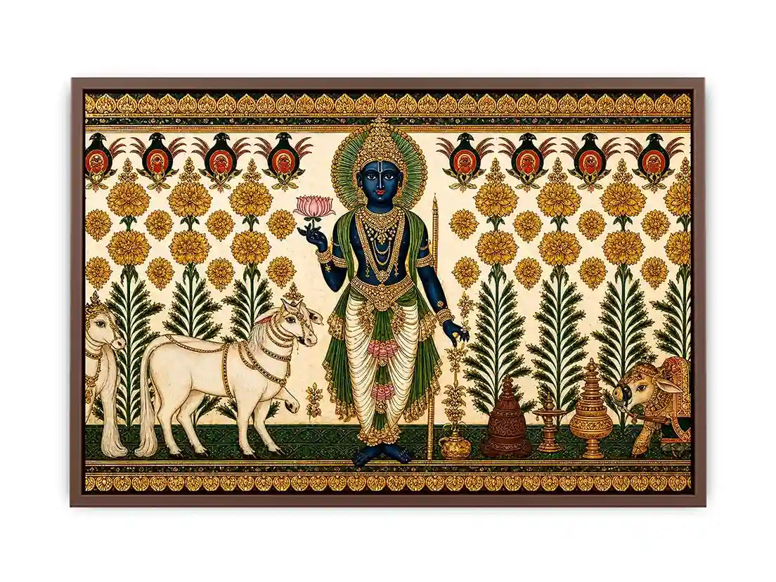 Traditional Krishna cow wall art with floral gold detailing in green and white tones for spiritual home decor and luxury interiors