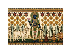 Traditional Krishna cow wall art with floral gold detailing in green and white tones for spiritual home decor and luxury interiors