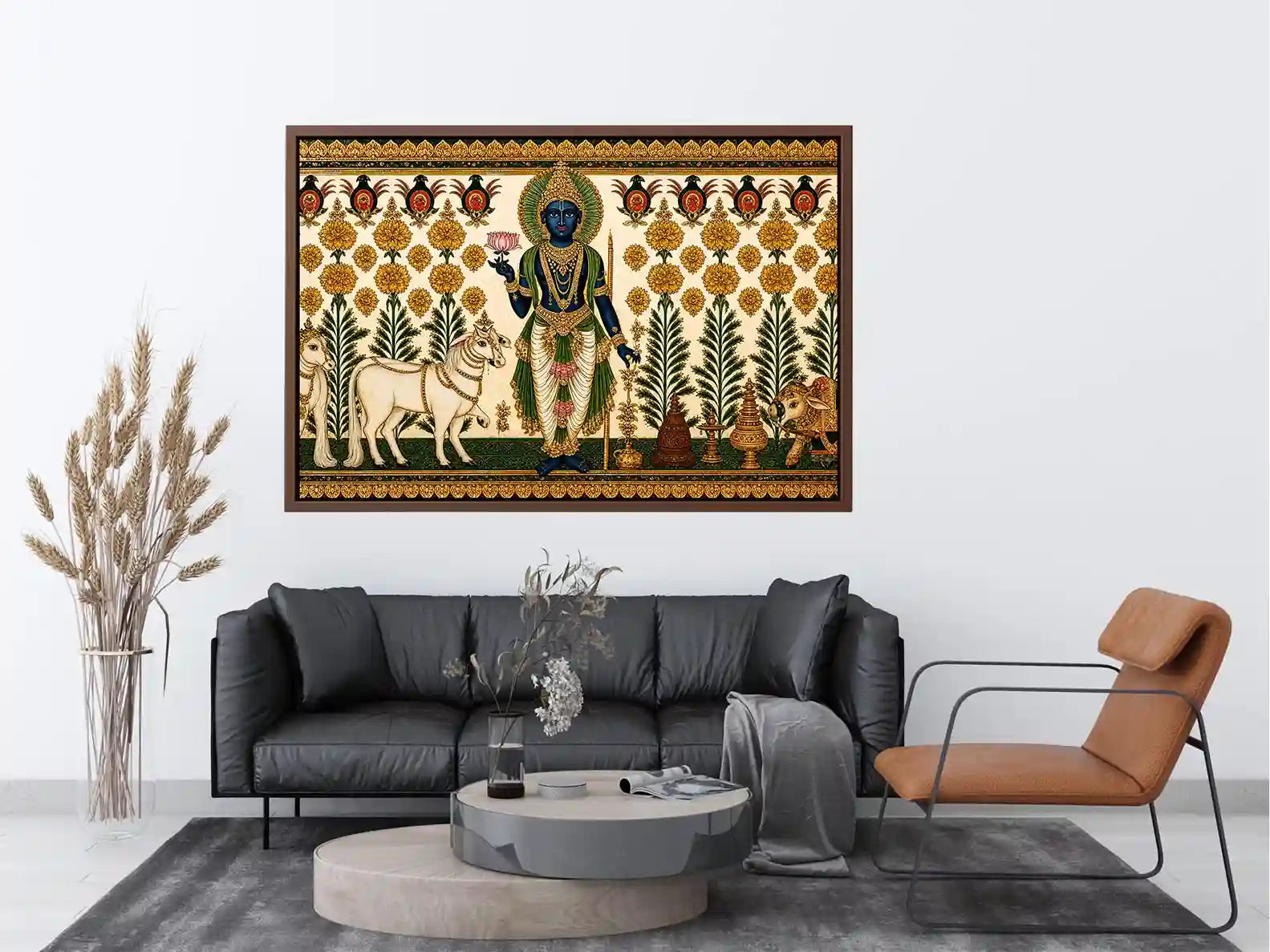 Traditional Krishna cow wall art with floral gold detailing in green and white tones for spiritual home decor and luxury interiors