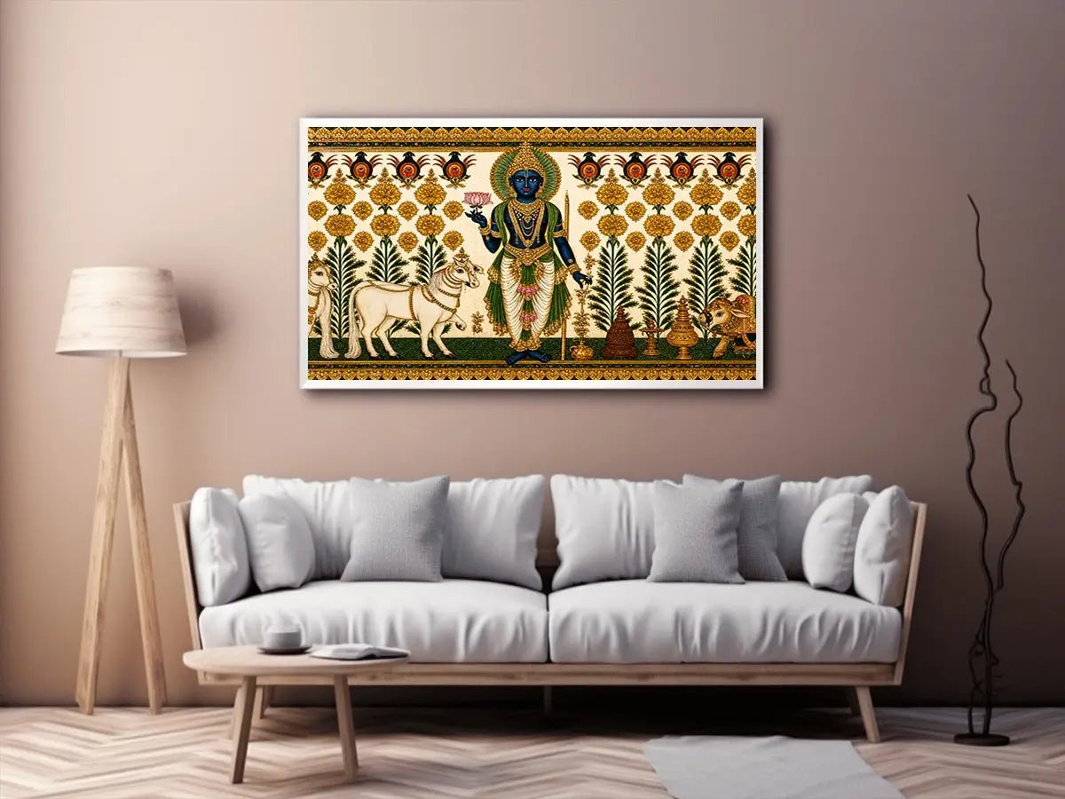 Traditional Krishna cow wall art with floral gold detailing in green and white tones for spiritual home decor and luxury interiors