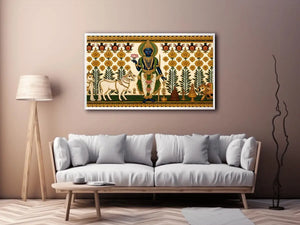 Traditional Krishna cow wall art with floral gold detailing in green and white tones for spiritual home decor and luxury interiors