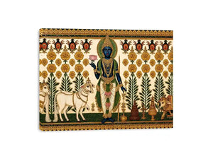 Traditional Krishna cow wall art with floral gold detailing in green and white tones for spiritual home decor and luxury interiors