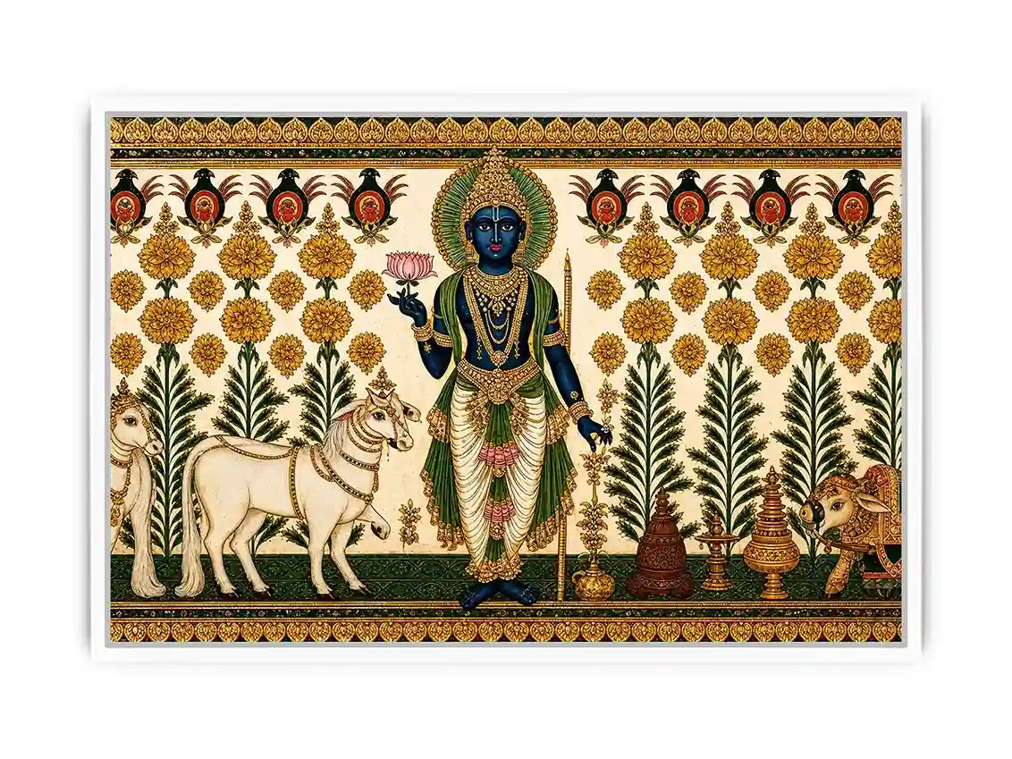 Traditional Krishna cow wall art with floral gold detailing in green and white tones for spiritual home decor and luxury interiors