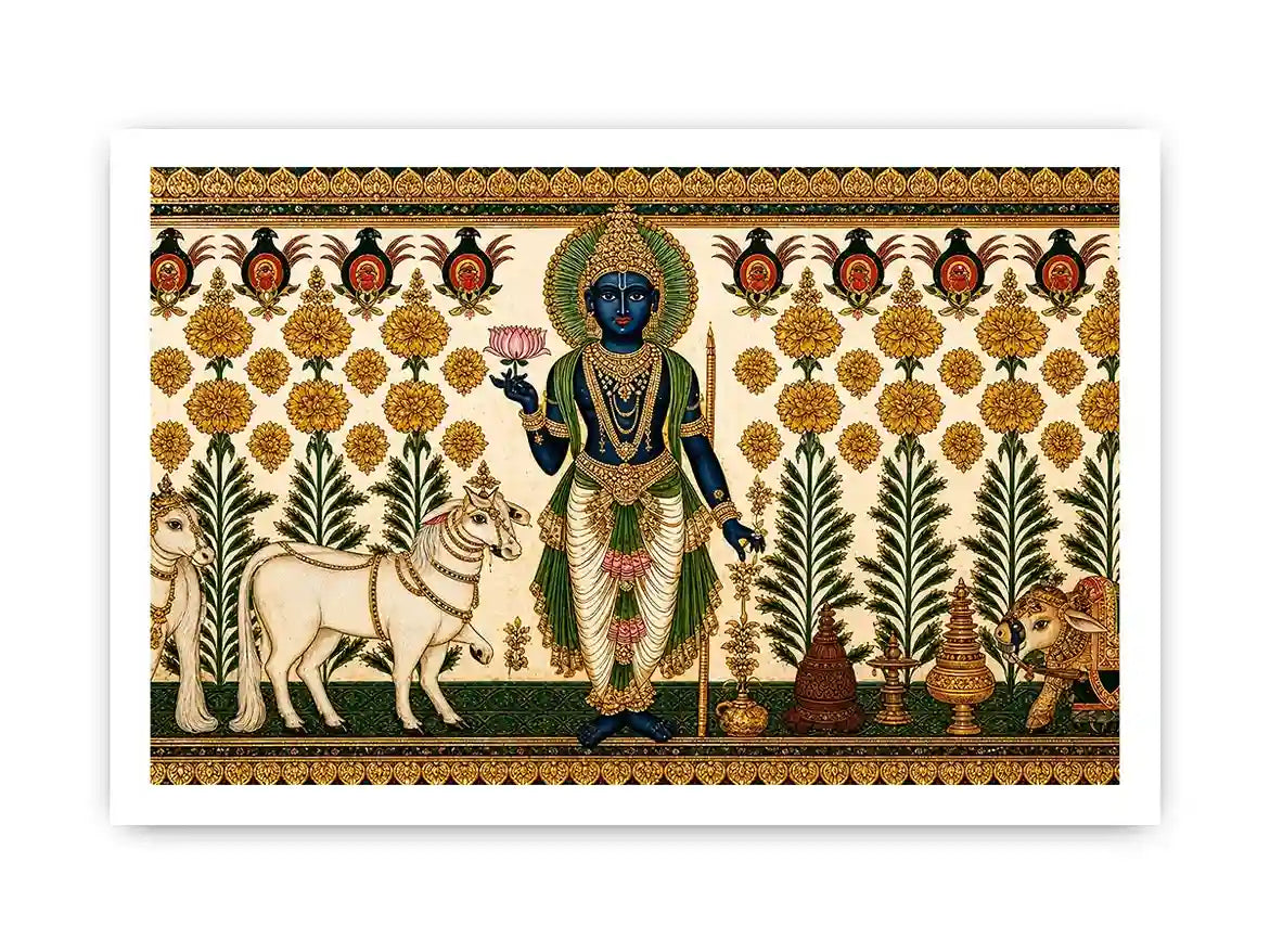 Traditional Krishna cow wall art with floral gold detailing in green and white tones for spiritual home decor and luxury interiors