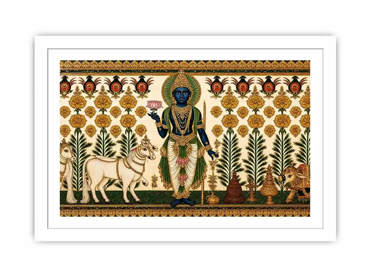 Traditional Krishna cow wall art with floral gold detailing in green and white tones for spiritual home decor and luxury interiors