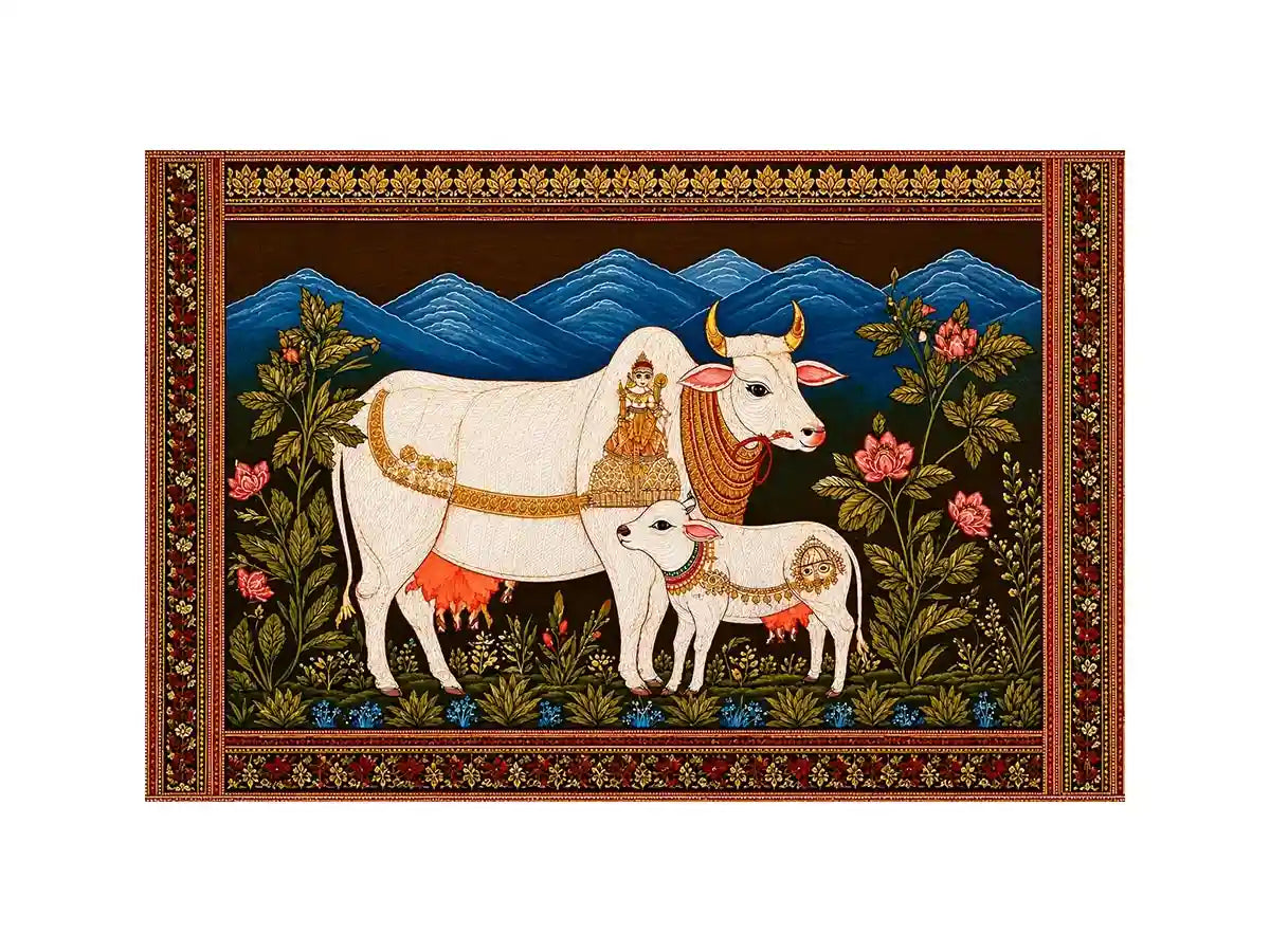 Kamdhenu sacred cow wall art with calf and traditional detailing in gold and red tones for spiritual home decor