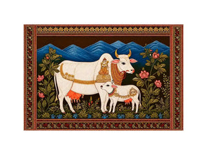 Kamdhenu sacred cow wall art with calf and traditional detailing in gold and red tones for spiritual home decor