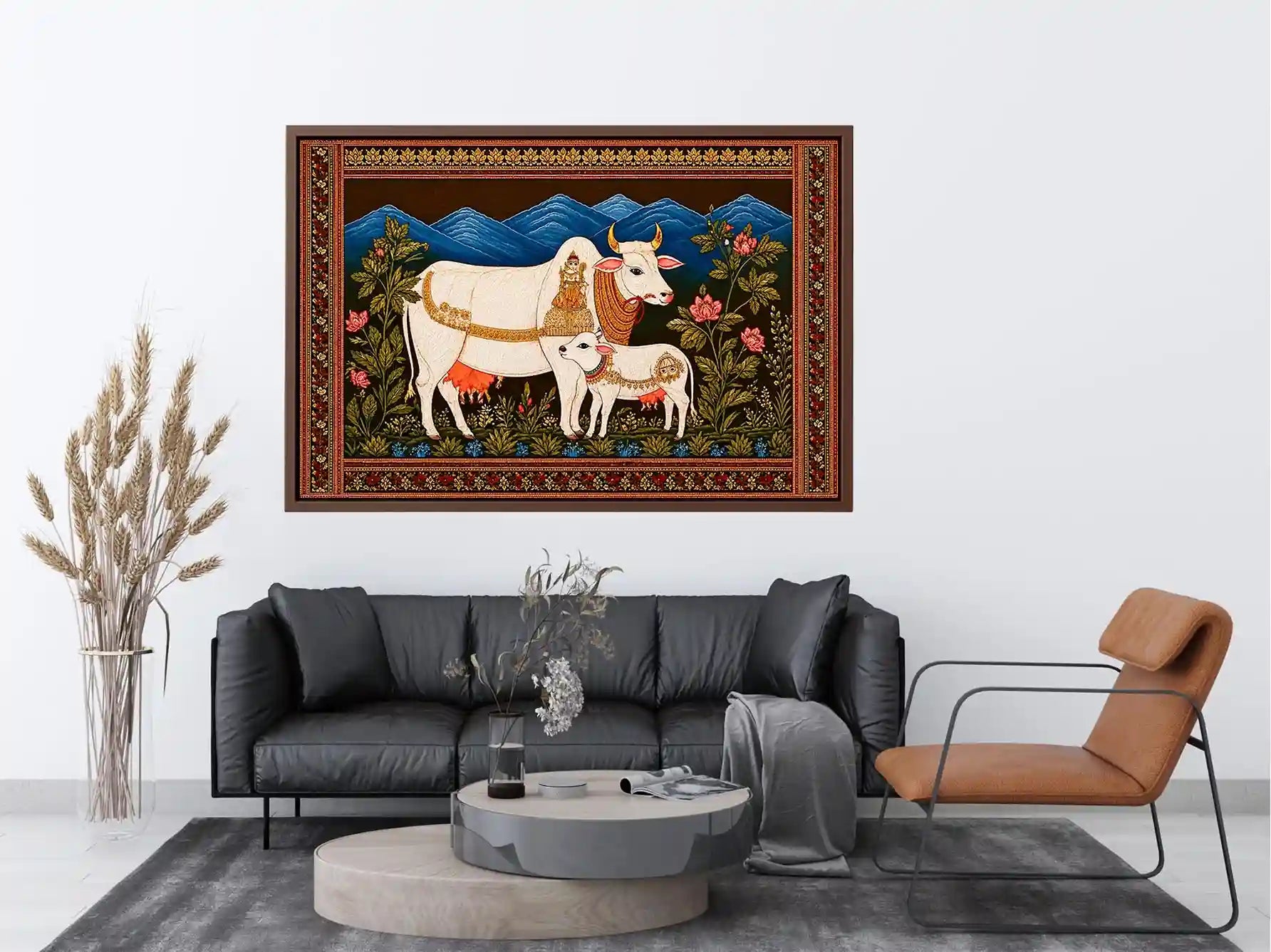 Kamdhenu sacred cow wall art with calf and traditional detailing in gold and red tones for spiritual home decor