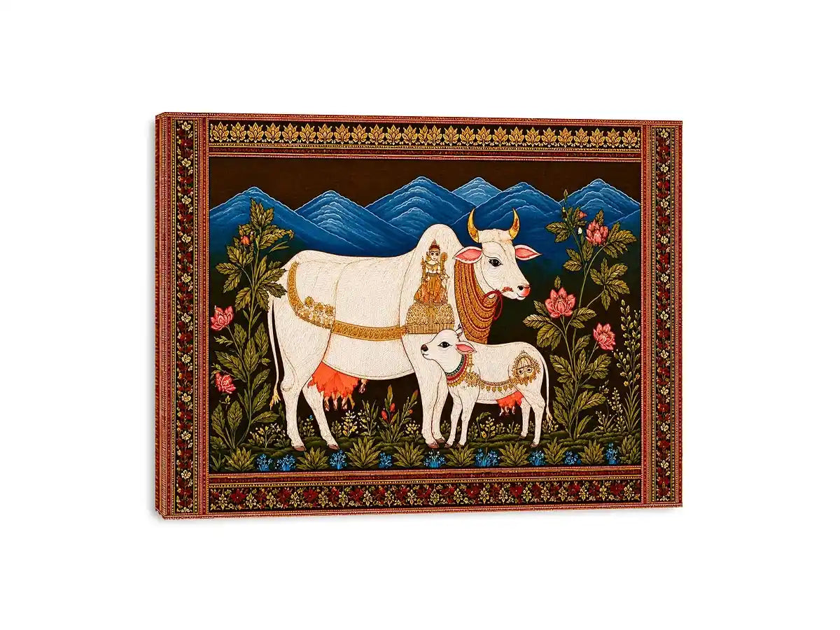 Kamdhenu sacred cow wall art with calf and traditional detailing in gold and red tones for spiritual home decor