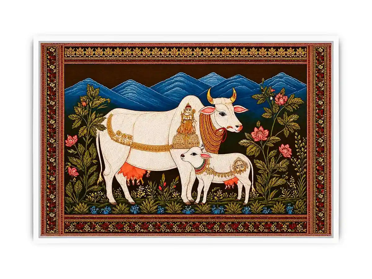 Kamdhenu sacred cow wall art with calf and traditional detailing in gold and red tones for spiritual home decor
