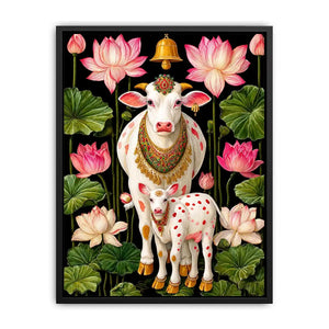 Kamdhenu sacred cow wall art with lotus flowers and calf in vibrant pink and green tones for spiritual home decor