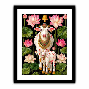 Kamdhenu sacred cow wall art with lotus flowers and calf in vibrant pink and green tones for spiritual home decor