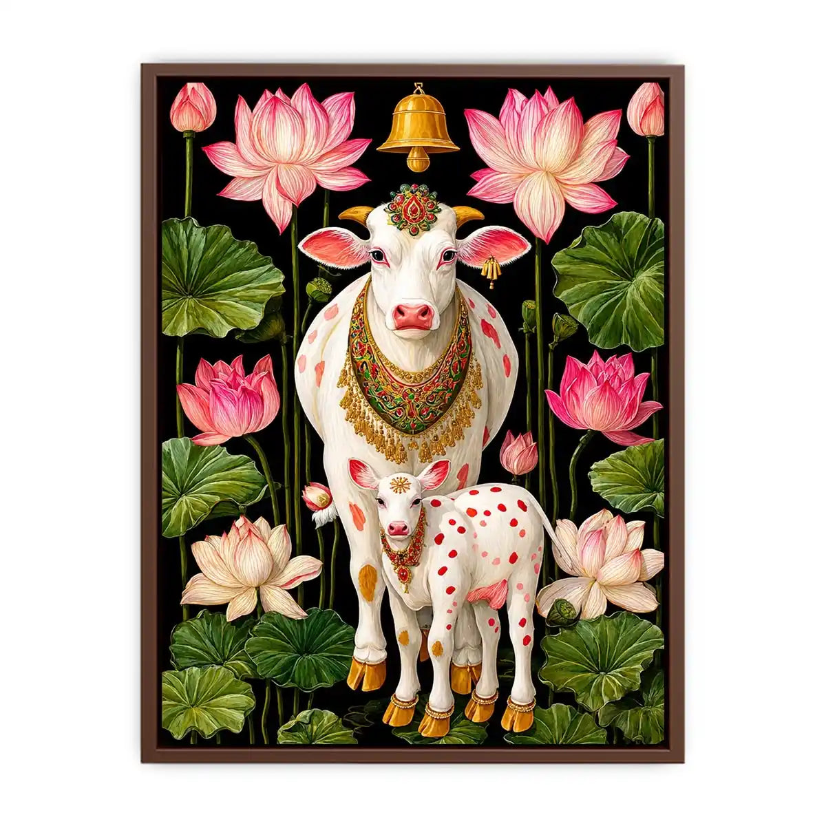 Kamdhenu sacred cow wall art with lotus flowers and calf in vibrant pink and green tones for spiritual home decor