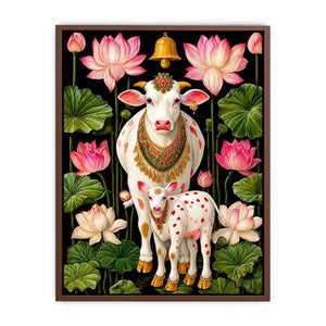 Kamdhenu sacred cow wall art with lotus flowers and calf in vibrant pink and green tones for spiritual home decor