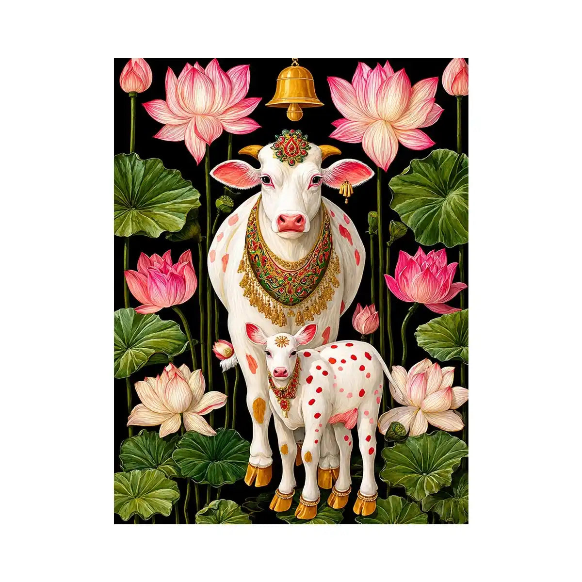 Kamdhenu sacred cow wall art with lotus flowers and calf in vibrant pink and green tones for spiritual home decor