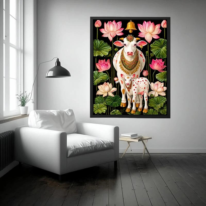 Kamdhenu sacred cow wall art with lotus flowers and calf in vibrant pink and green tones for spiritual home decor
