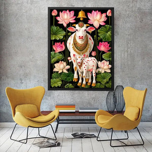 Kamdhenu sacred cow wall art with lotus flowers and calf in vibrant pink and green tones for spiritual home decor