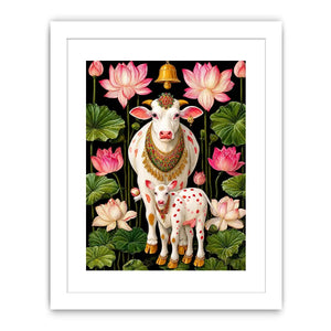 Kamdhenu sacred cow wall art with lotus flowers and calf in vibrant pink and green tones for spiritual home decor