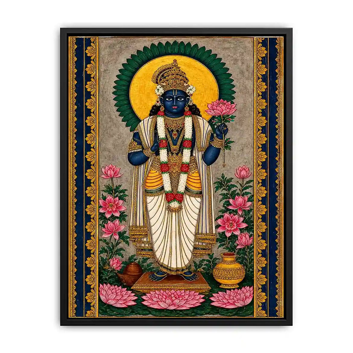 Hindu lotus deity wall art with floral details and gold accents in blue and pink tones for spiritual home decor