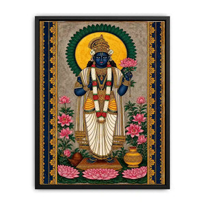 Hindu lotus deity wall art with floral details and gold accents in blue and pink tones for spiritual home decor
