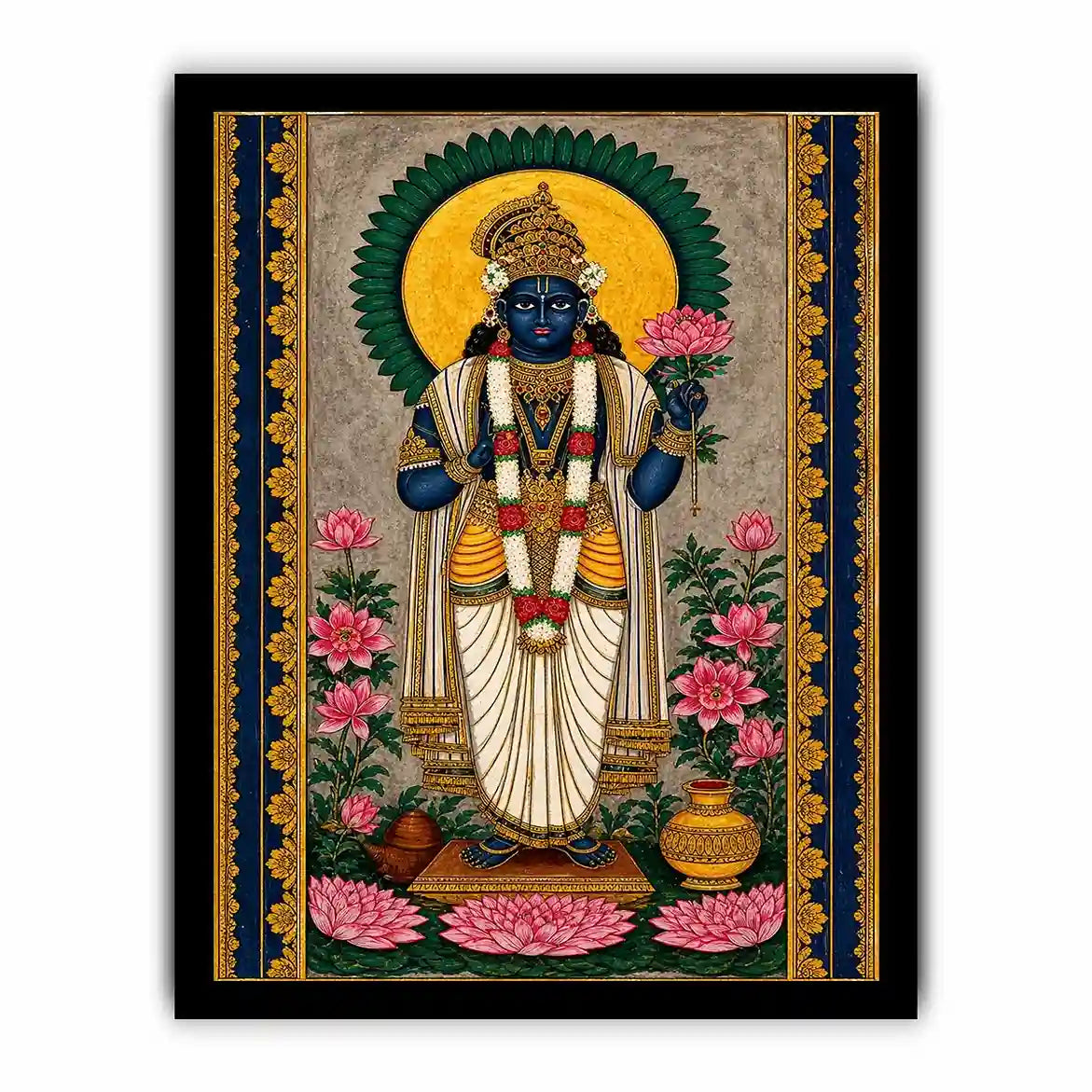 Hindu lotus deity wall art with floral details and gold accents in blue and pink tones for spiritual home decor