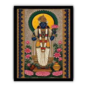 Hindu lotus deity wall art with floral details and gold accents in blue and pink tones for spiritual home decor