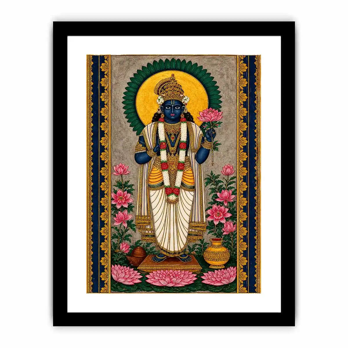 Hindu lotus deity wall art with floral details and gold accents in blue and pink tones for spiritual home decor