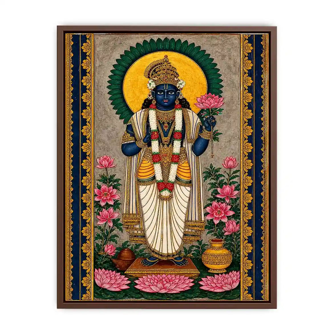 Hindu lotus deity wall art with floral details and gold accents in blue and pink tones for spiritual home decor