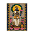 Hindu lotus deity wall art with floral details and gold accents in blue and pink tones for spiritual home decor